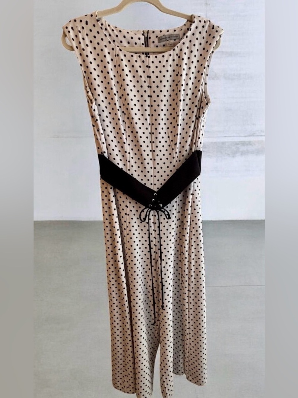 Danny & Nicole White Polka Dot Sleeveless Jumpsuit with Black Lace-Up Waist Belt